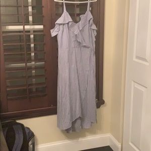 Seersucker striped ruffle cold shoulder mini